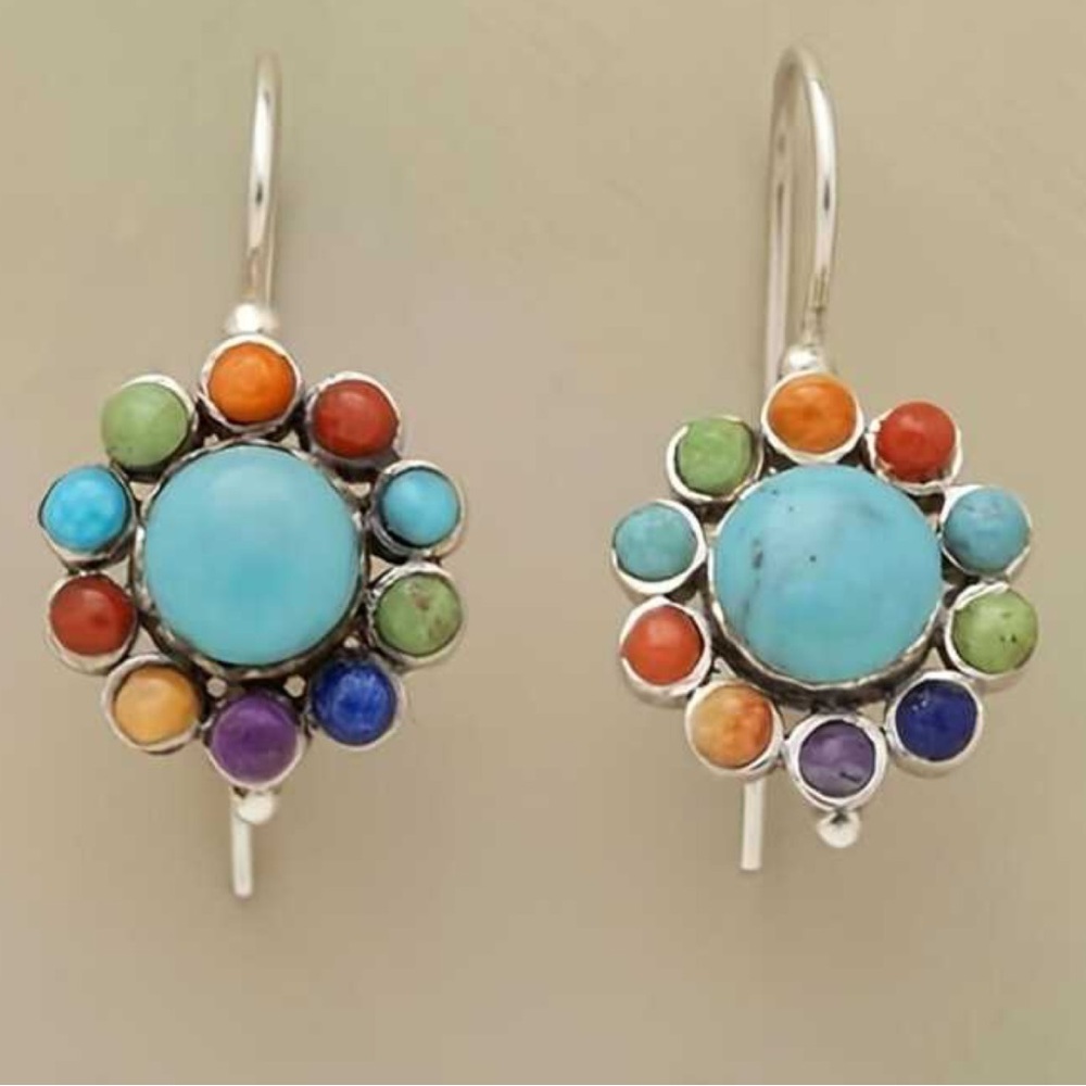 Mixed Stone Silvertone Pendant Bead Boho Turquoise Blue Colorful Dangle Earrings - Picture 5 of 7